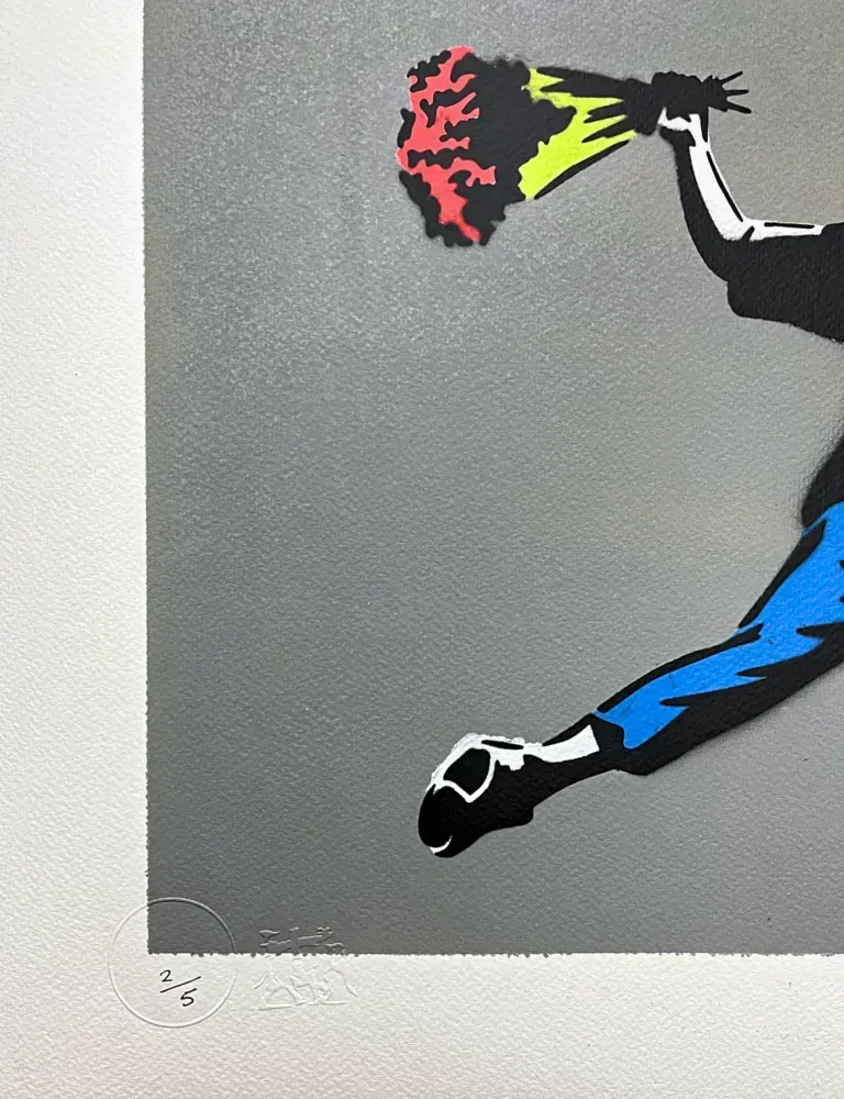 BANKSY/NOT BANKSY - Flower Thrower gray 2/5 - originální ručně stříkaný sprej na papíře