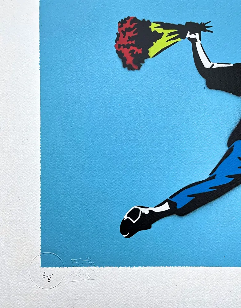 BANKSY/NOT BANKSY - Flower Thrower L-blue 2/5 -  originální ručně stříkaný sprej na papíře
