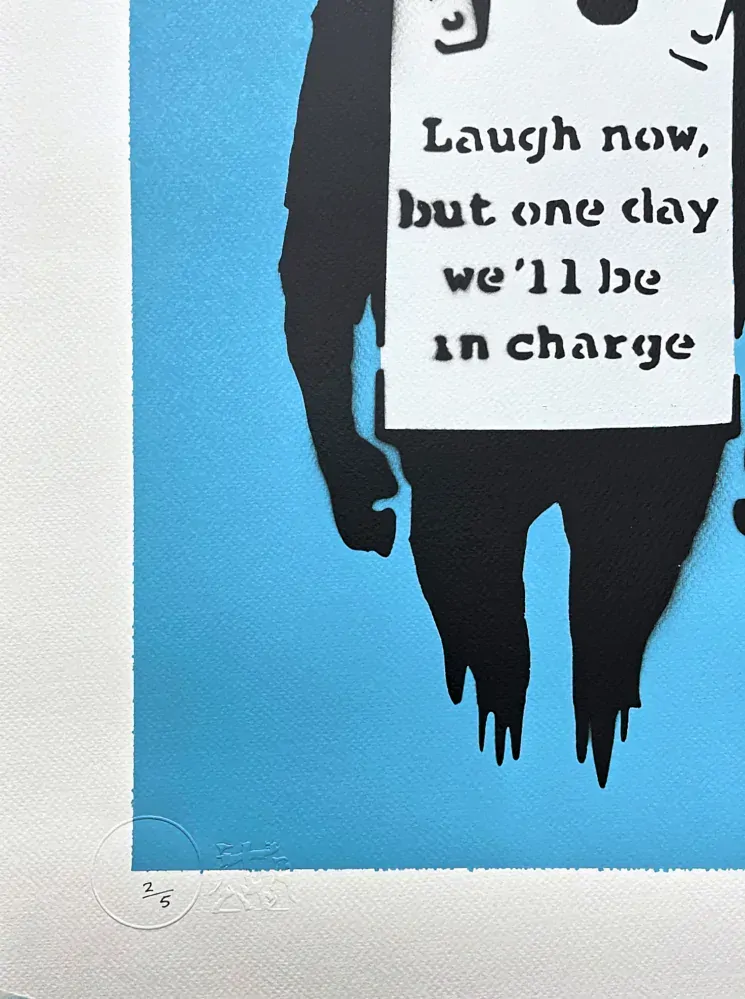 BANKSY/NOT BANKSY - Laugh Now L-blue 2/5 - originální ručně stříkaný sprej na papíře