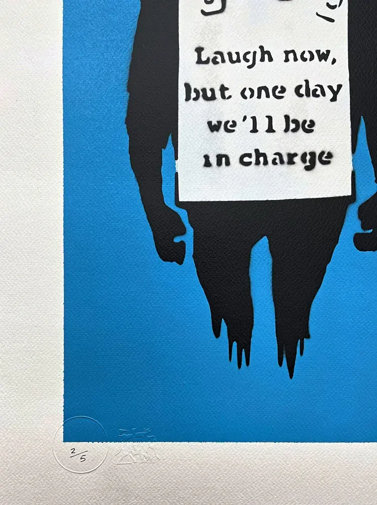 BANKSY/NOT BANKSY - Laugh Now F-blue 2/5 -  originální ručně stříkaný sprej na papíře