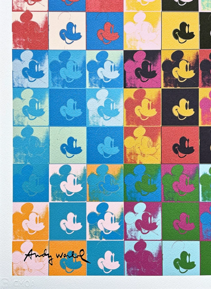 Andy Warhol - Mickey Mouse barevná koláž 361/500 - signováno, 50x50cm, limitovaná edice CMOA s certifikátem