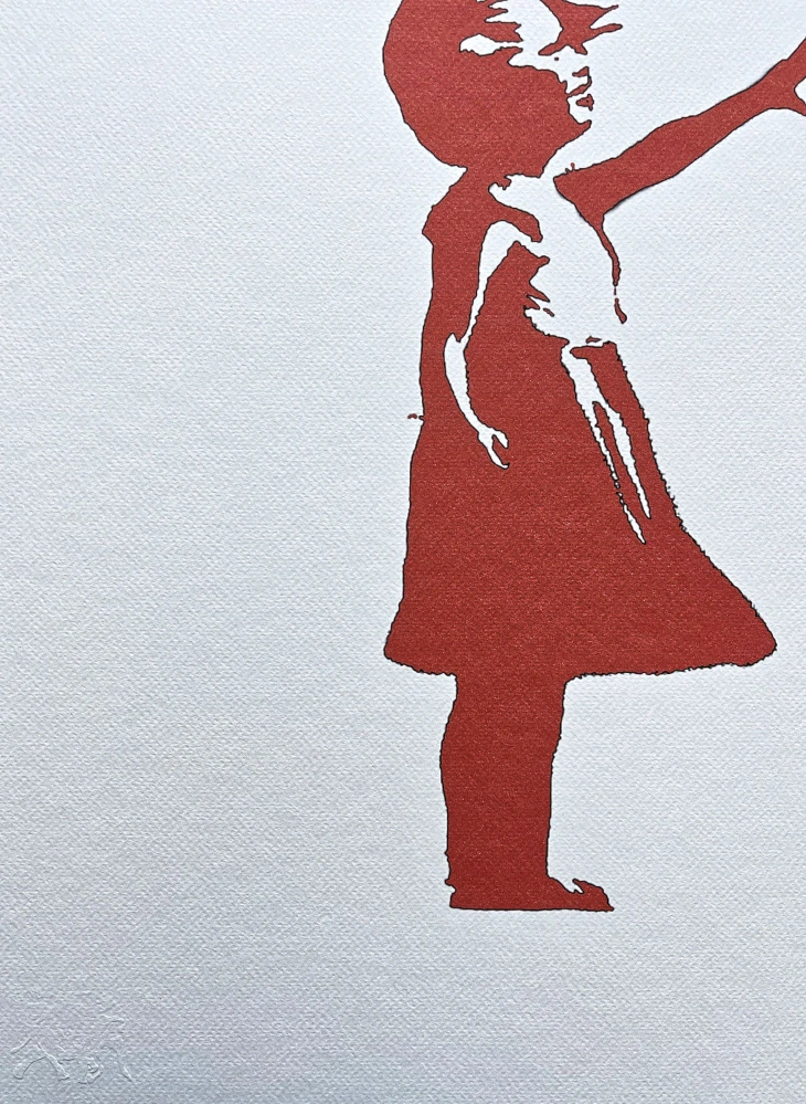 Banksy - Girl with Balloon červeno-žlutá x/150 - číslovaná edice s certifikátem, 50x70cm