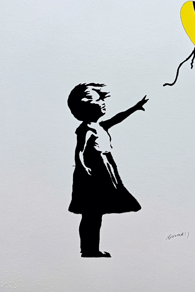 Banksy - Girl with Balloon černo-žlutá 92/150 - číslovaná edice s certifikátem, 50x70cm