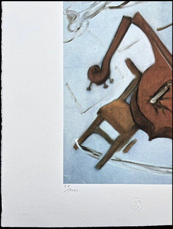 Salvador Dalí - Chair, Bed and Bedside Table Ferociously Attacking a Cello - signováno, limitovaná edice, 50x66cm