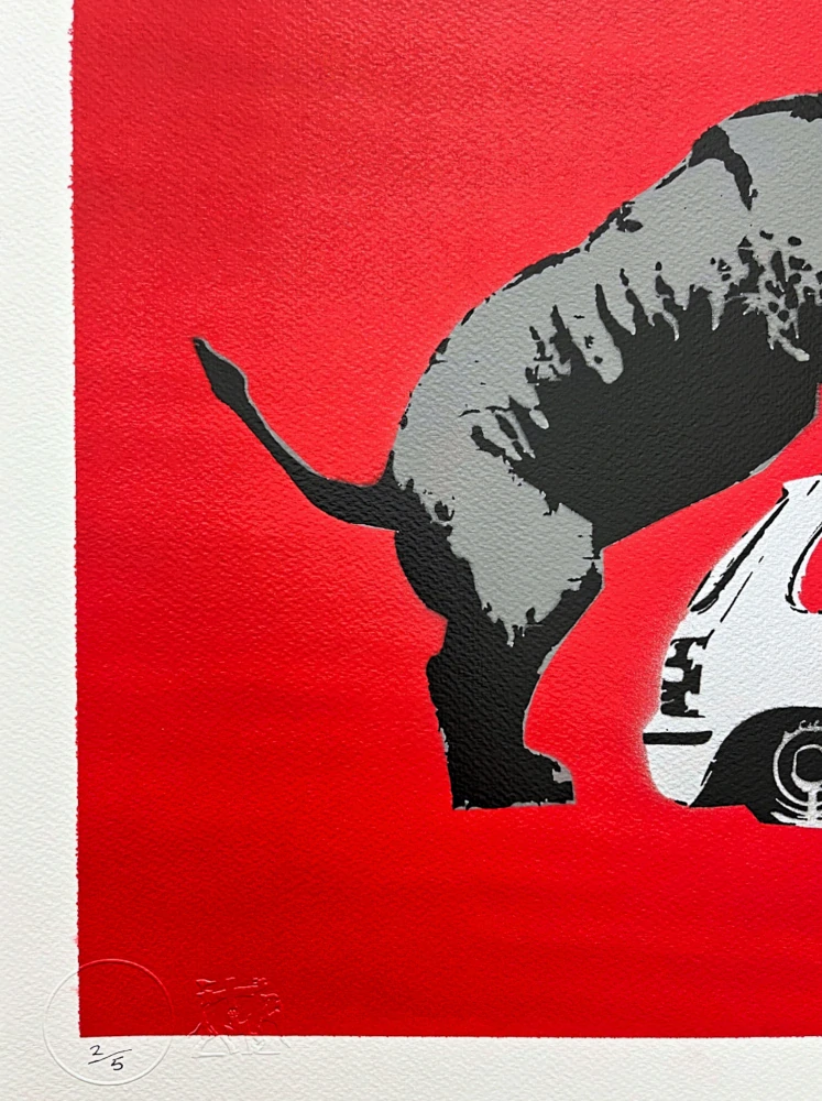 BANKSY/NOT BANKSY - Rhino love red 2/5 - originální ručně stříkaný sprej na papíře
