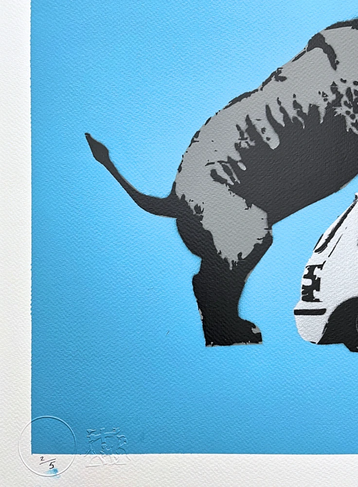 BANKSY/NOT BANKSY - Rhino love l/blue 2/5 -  originální ručně stříkaný sprej na papíře