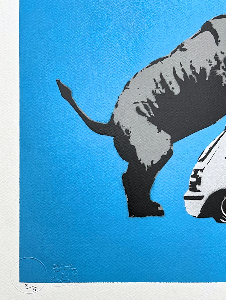 BANKSY/NOT BANKSY - Rhino love f/blue 2/5 - originální ručně stříkaný sprej na papíře