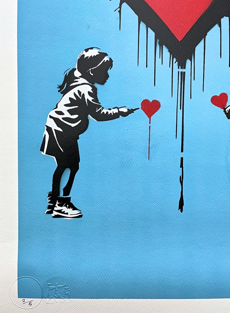 BANKSY/NOT BANKSY - Express your love L-blue 2/5 - originální ručně stříkaný sprej na papíře