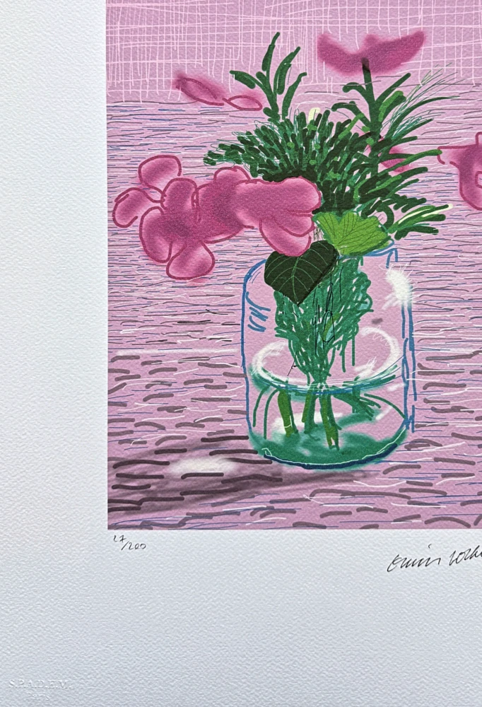 David Hockney - Pink flowers 27/200 - limitovaná edice, s certifikátem, 35x50 cm