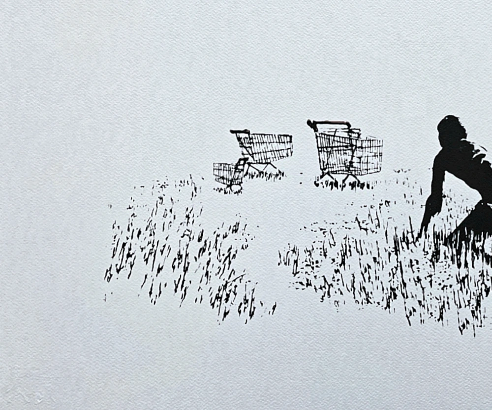 Banksy - Trolley hunters černo-bílé 104/150 - číslovaná edice s certifikátem, 70x50cm