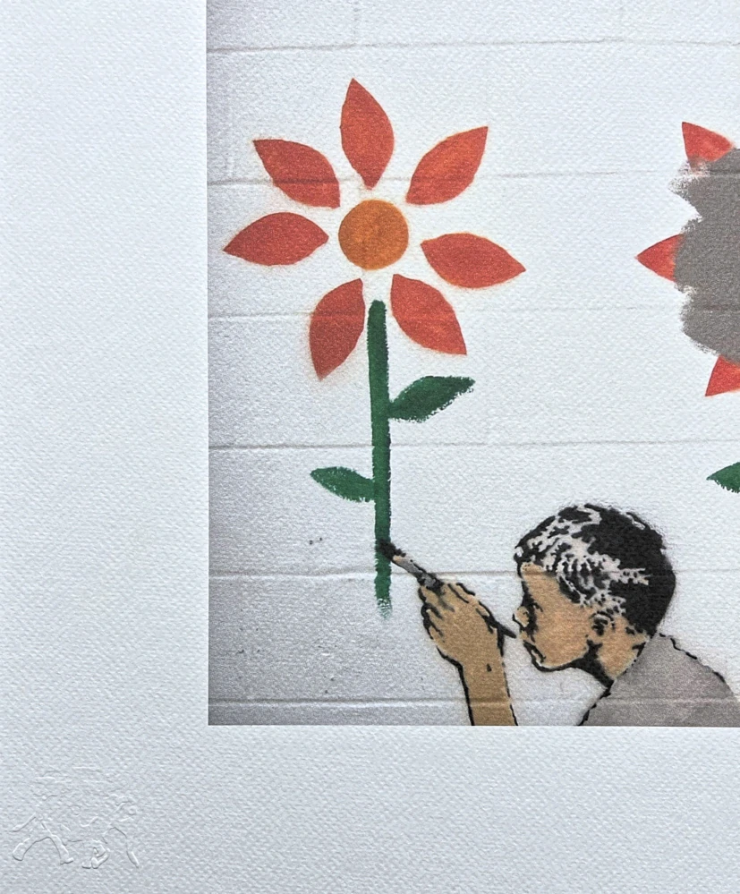 Banksy - Boy with flower wall 89/150 - číslovaná edice s certifikátem, razítko, 50x35cm