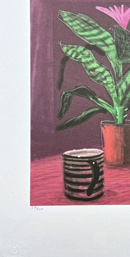 David Hockney - Flower with striped mug 57/500 - limitovaná edice, s certifikátem, 35x50 cm