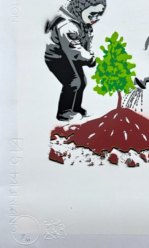 BANKSY/NOT BANKSY - Out of War Comes Hope 7/10 - originální ručně stříkaný sprej na papíře