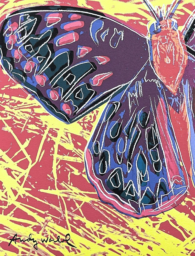 Andy Warhol - Butterfly červeno-žlutý 272/2400 - 60x60cm, limitovaná edice CMOA s certifikátem