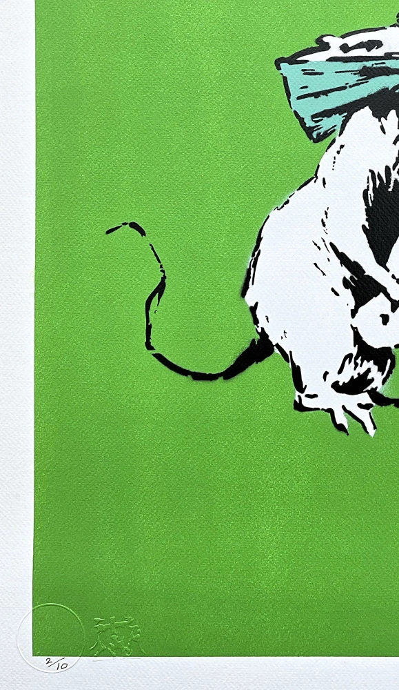 BANKSY/NOT BANKSY - Rat with Scalpel green 2/10 - originální ručně stříkaný sprej na papíře