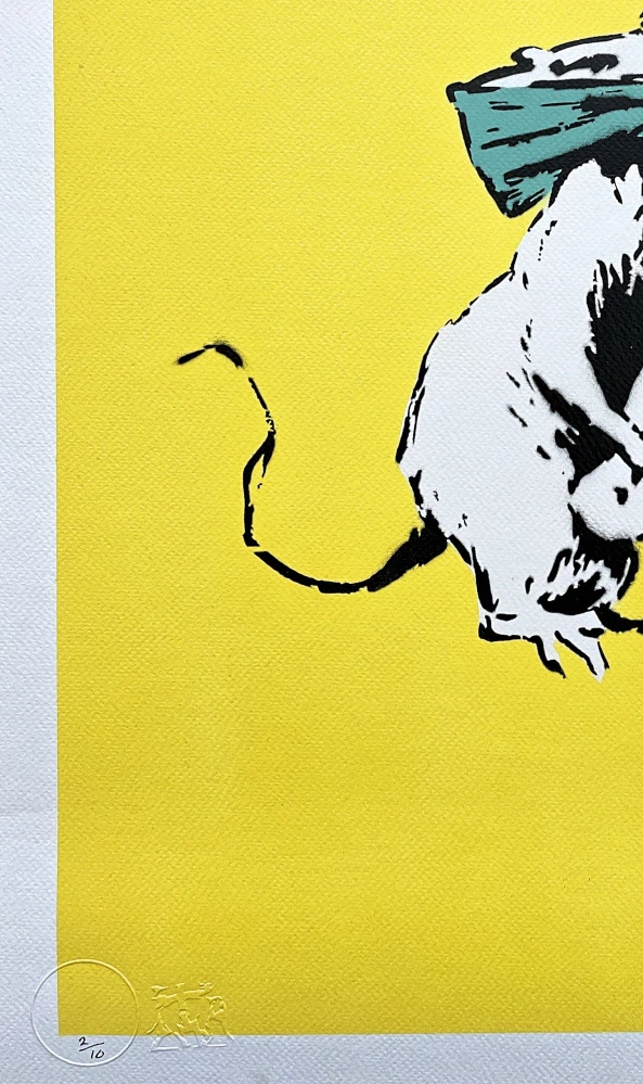 BANKSY/NOT BANKSY - Rat with Scalpel yellow 2/10 - originální ručně stříkaný sprej na papíře