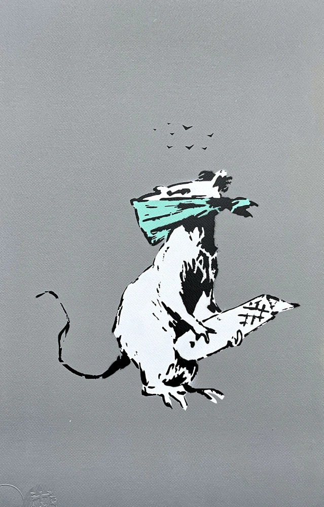 BANKSY/NOT BANKSY - Rat with Scalpel gray 2/10 - originální ručně stříkaný sprej na papíře
