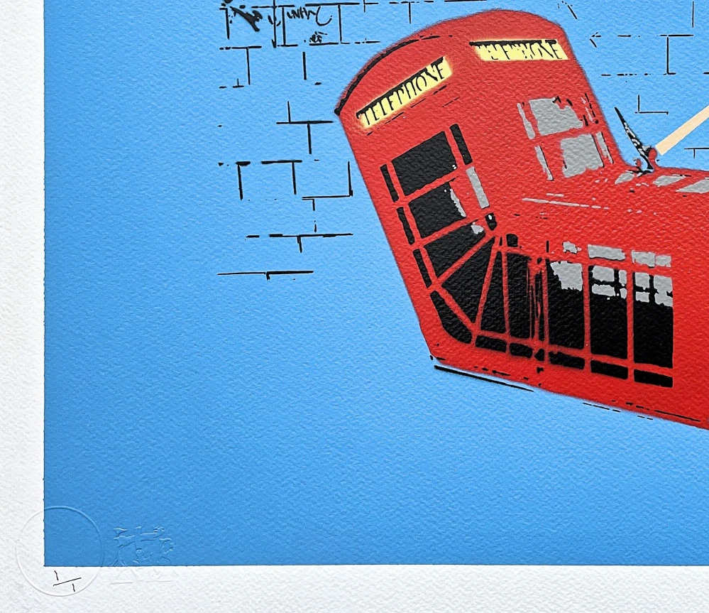 BANKSY/NOT BANKSY - Death of the Phone Box f/blue 1/1 -  originální ručně stříkaný sprej na papíře