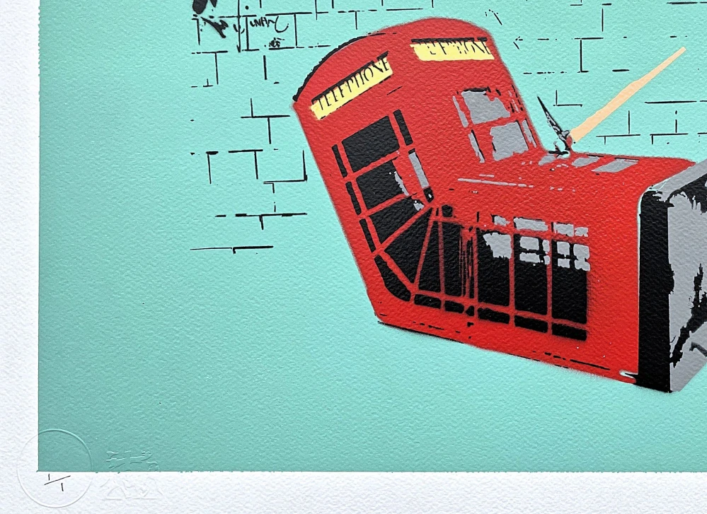 BANKSY/NOT BANKSY - Death of the Phone Box g/green 1/1 -  originální ručně stříkaný sprej na papíře