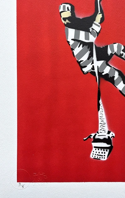 BANKSY/NOT BANKSY - Create escape red 3/5 - originální ručně stříkaný sprej na papíře