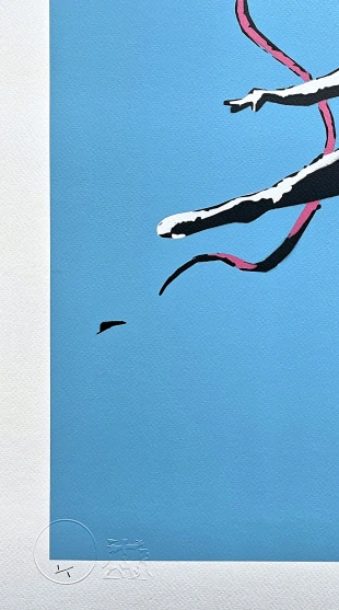 BANKSY/NOT BANKSY - Female Gymnast f/blue 1/1 - originální ručně stříkaný sprej na papíře