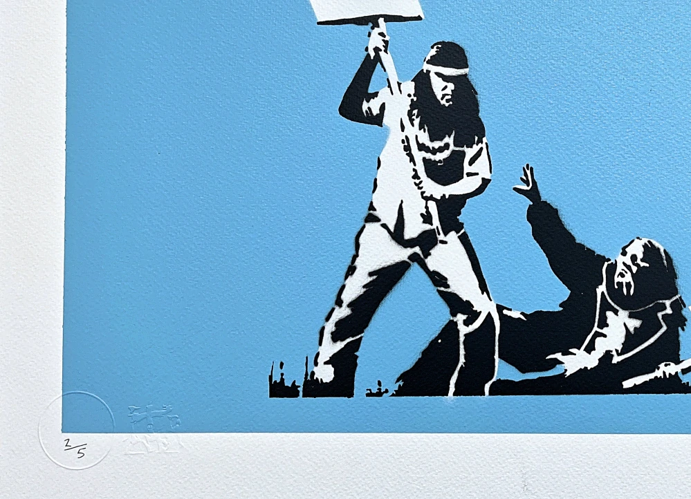 BANKSY/NOT BANKSY - Peace vs Love L/Blue 2/5 - originální ručně stříkaný sprej na papíře
