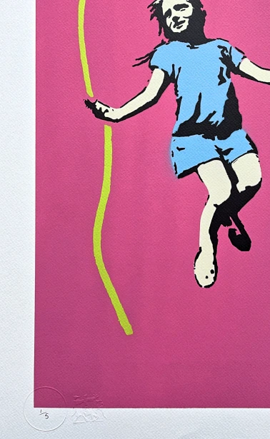 BANKSY/NOT BANKSY - Girl with skipping rope pink 1/5 - originální ručně stříkaný sprej na papíře