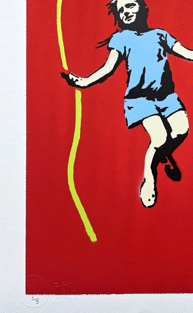 BANKSY/NOT BANKSY - Girl with skipping rope red 1/5 - originální ručně stříkaný sprej na papíře