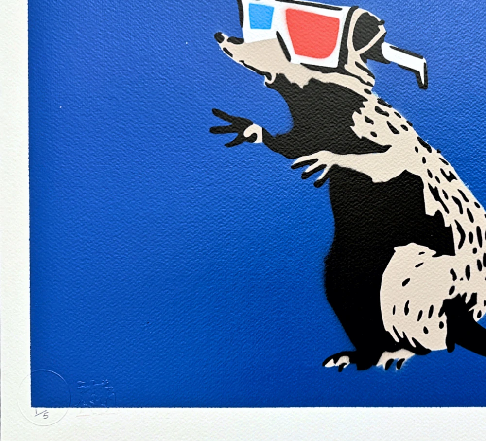 BANKSY/NOT BANKSY - 3D Rat - blue 1/5 - originální ručně stříkaný sprej na papíře