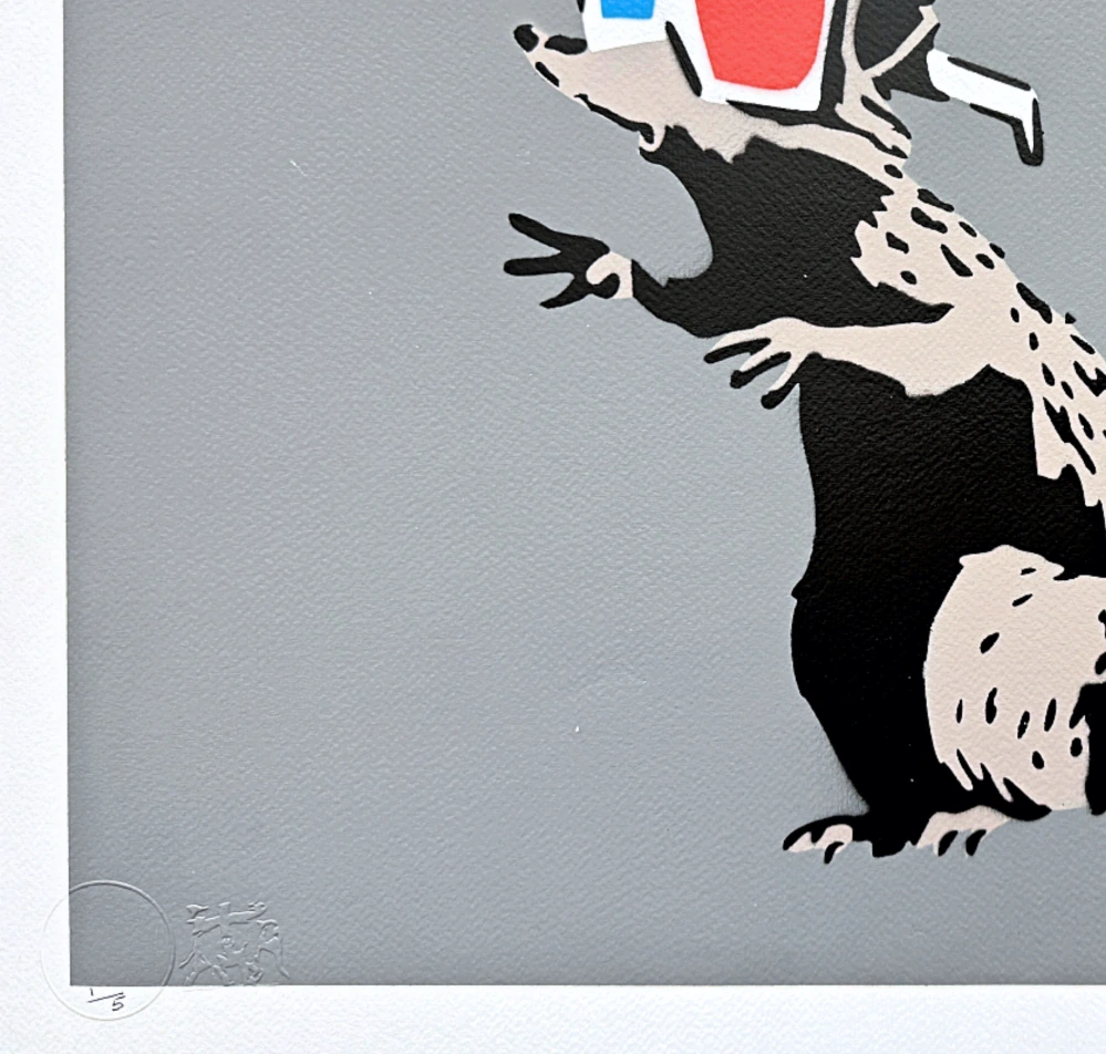 BANKSY/NOT BANKSY - 3D Rat - gray 1/5 - originální ručně stříkaný sprej na papíře