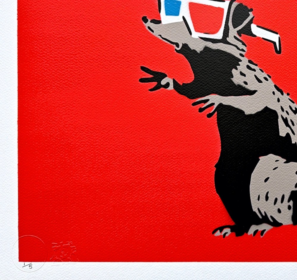 BANKSY/NOT BANKSY - 3D Rat - red 1/5 - originální ručně stříkaný sprej na papíře