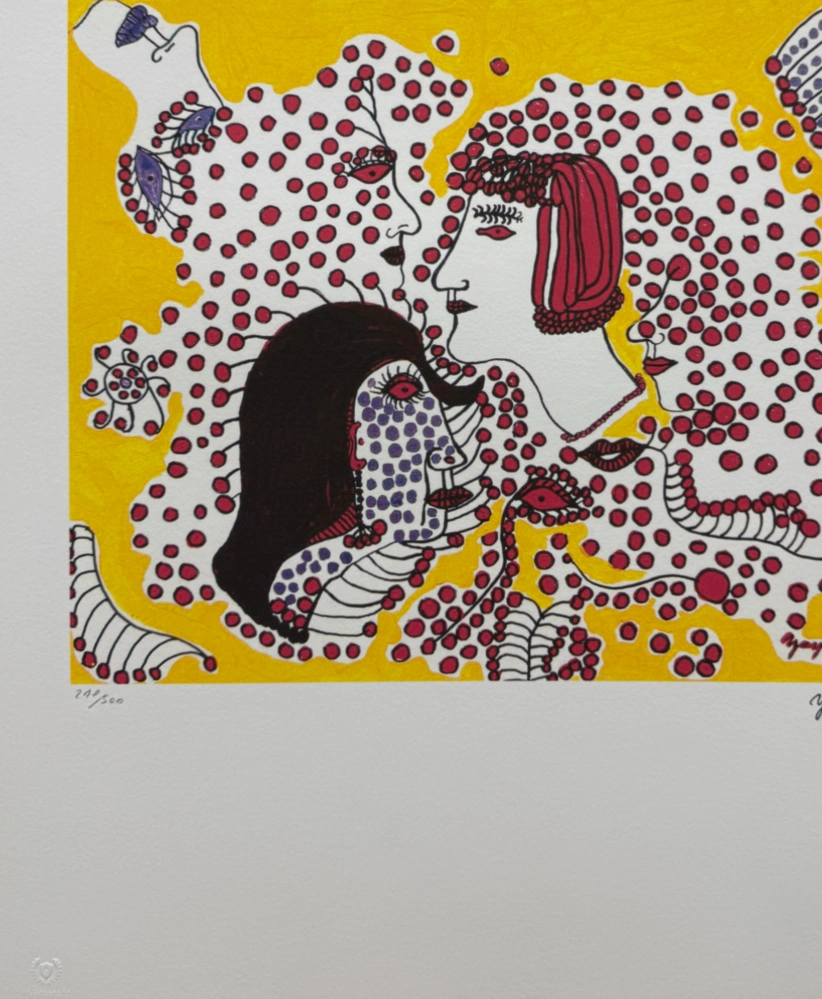 Yayoi Kusama -  Faces in Red and Yellow x/500 - signováno, číslovaná edice, 50x65 cm