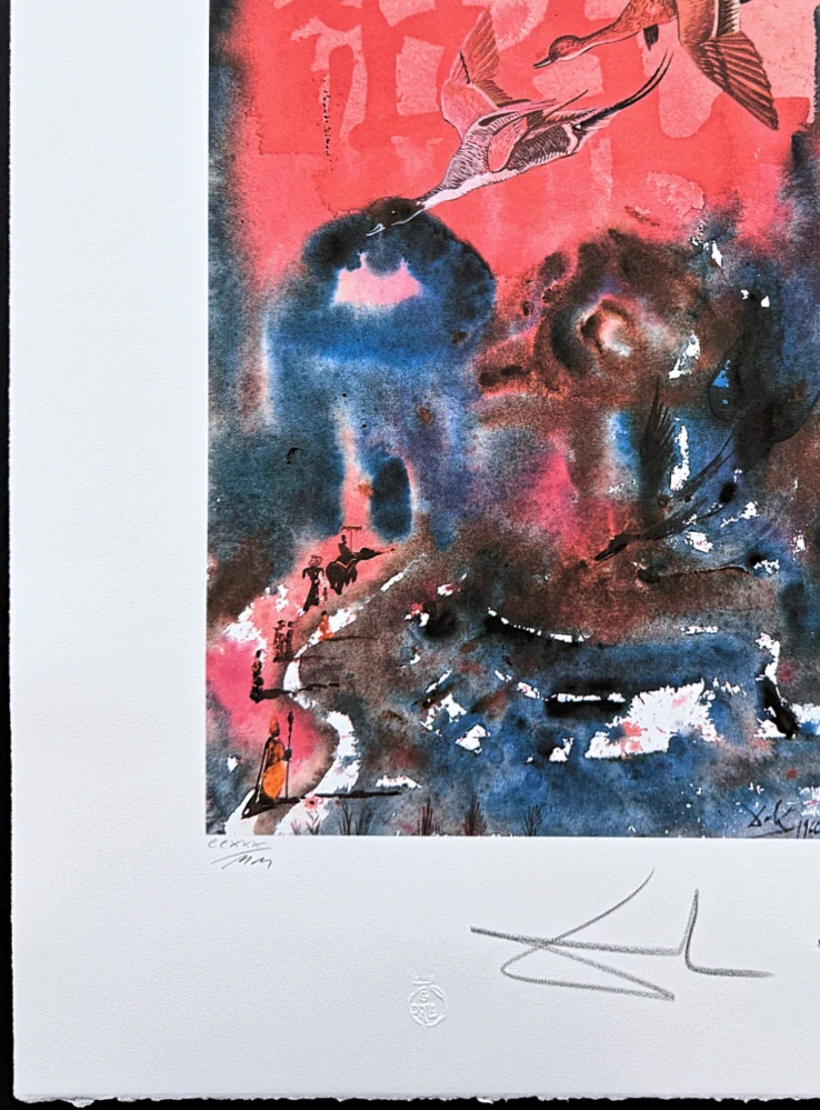 Salvador Dalí - Birds over a Surreal Landscape - signováno, limitovaná edice, 50x66cm