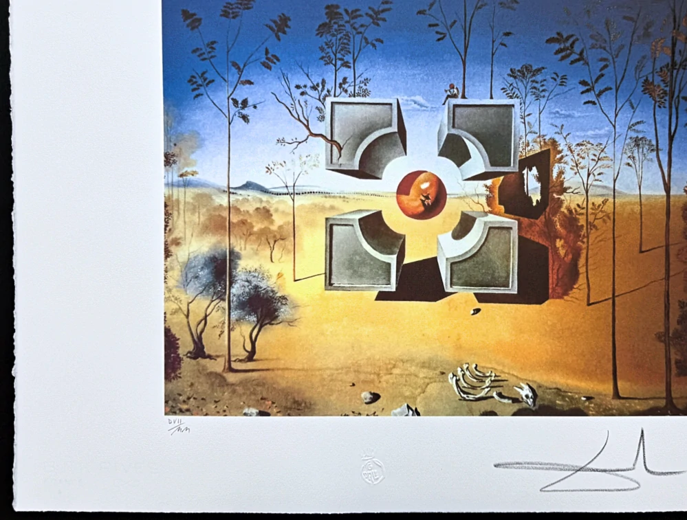 Salvador Dalí - Surrealist Landscape with Floating Cubes - signováno, limitovaná edice, 66x50cm
