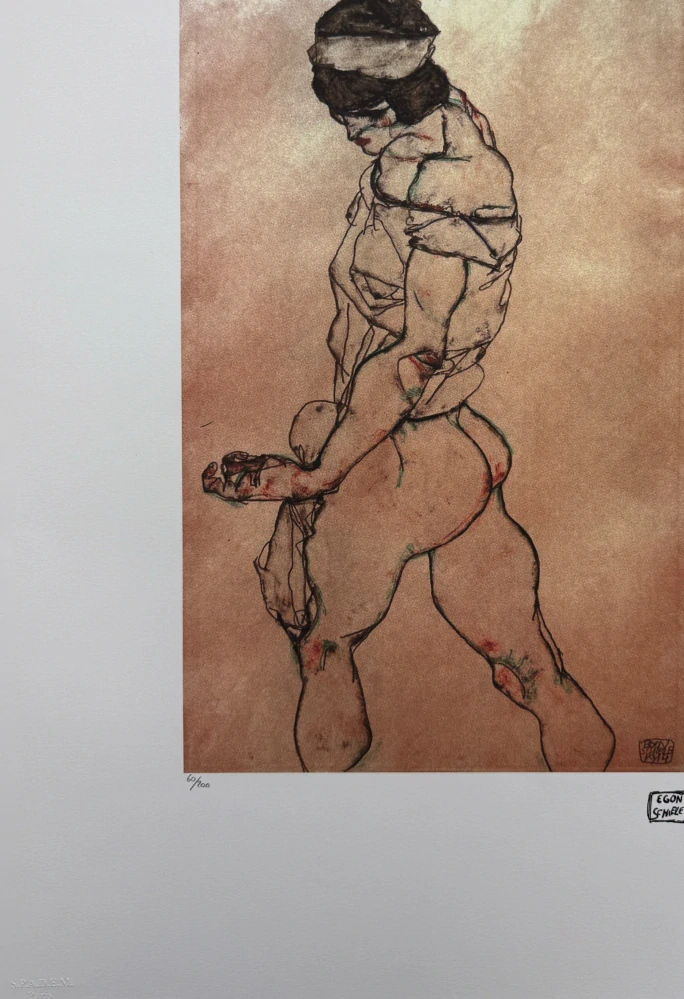 Egon Schiele - Female Nude in Profile with White Headband - x/200 - limitovaná edice, s certifikátem, 50x70 cm