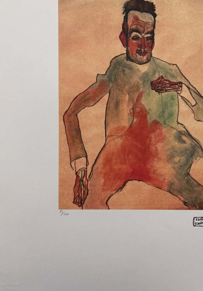 Egon Schiele - Seated Male Figure in Red and Green - x/200 - limitovaná edice, s certifikátem, 50x70 cm