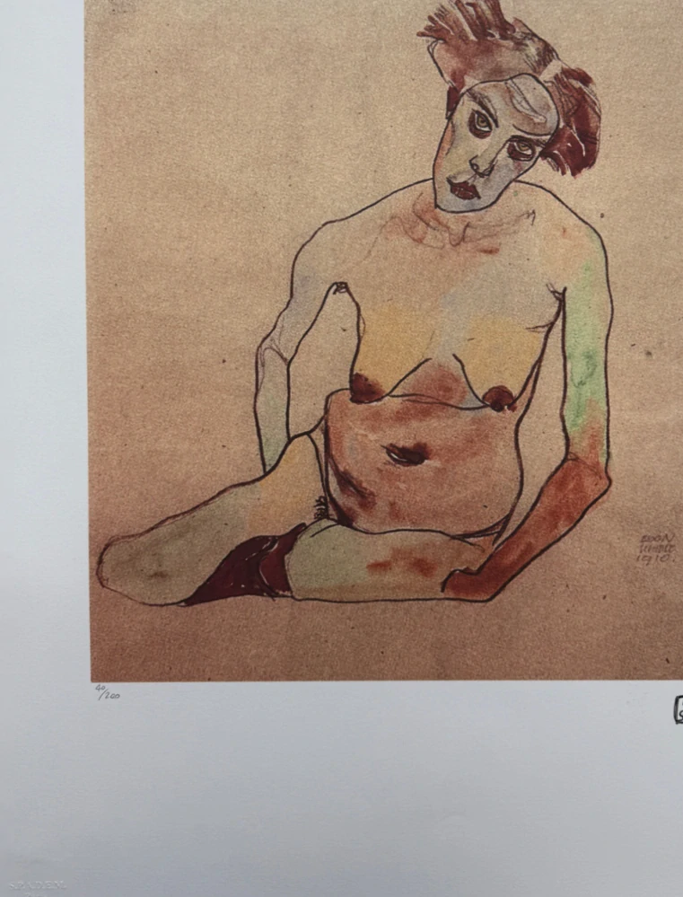 Egon Schiele - Seated Female Nude with Tilted Head and Raised Arms - x/200 - limitovaná edice, s certifikátem, 50x70 cm