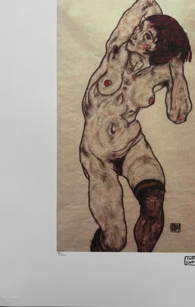Egon Schiele - Kneeling Female Nude with Raised Arms - x/200 - limitovaná edice, s certifikátem, 50x70 cm