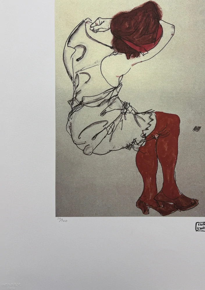 Egon Schiele - Woman in White Blouse and Red Stockings Seen from Behind - x/200 - limitovaná edice, s certifikátem, 50x70 cm