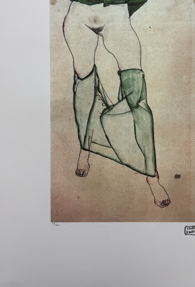 Egon Schiele - Kneeling Female Nude with Green Stockings - x/200 - limitovaná edice, s certifikátem, 50x70 cm