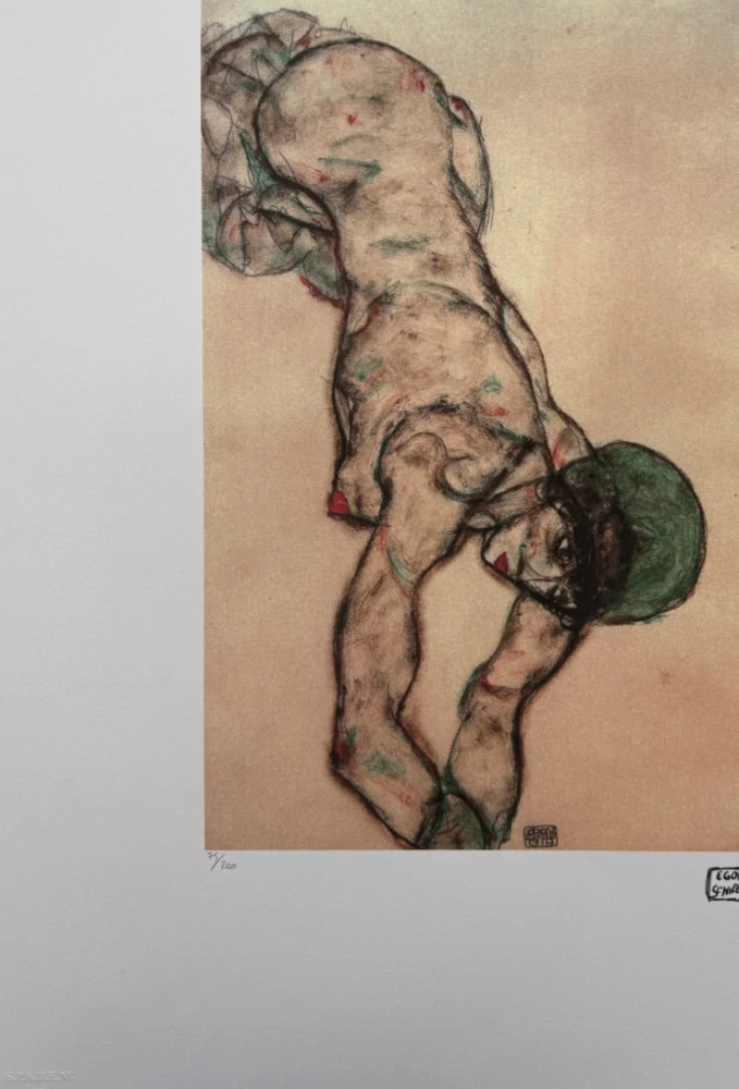 Egon Schiele - Contorted Female Nude with Green Hair - x/200 - limitovaná edice, s certifikátem, 50x70 cm