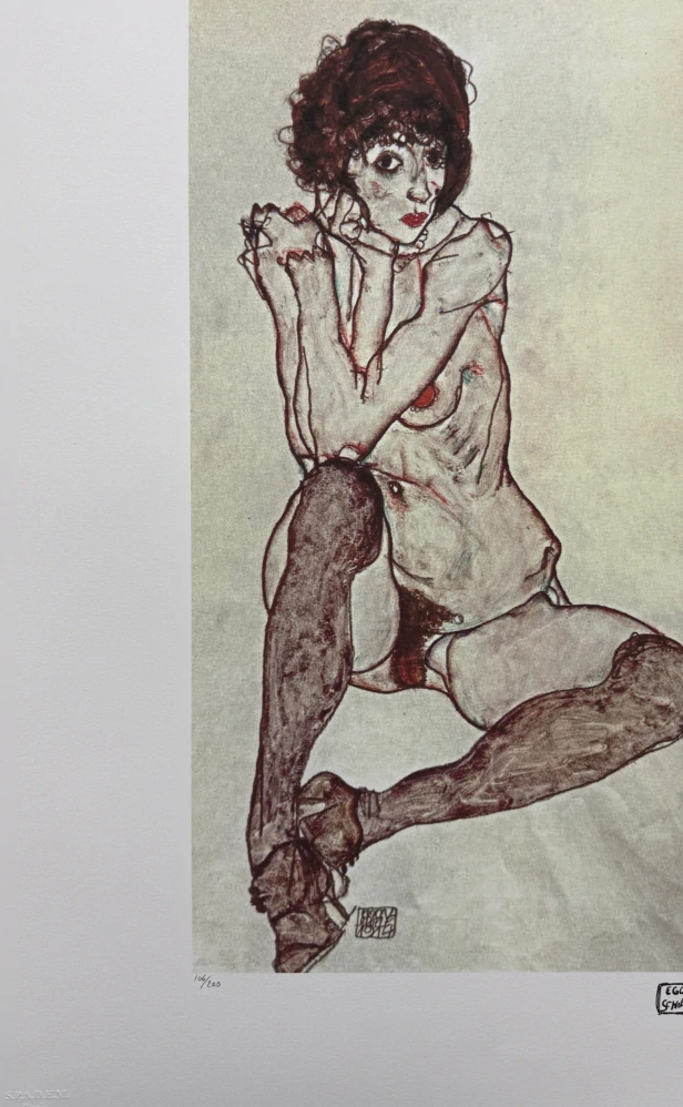 Egon Schiele - Seated Female Nude with Dark Stockings - x/200 - limitovaná edice, s certifikátem, 50x70 cm