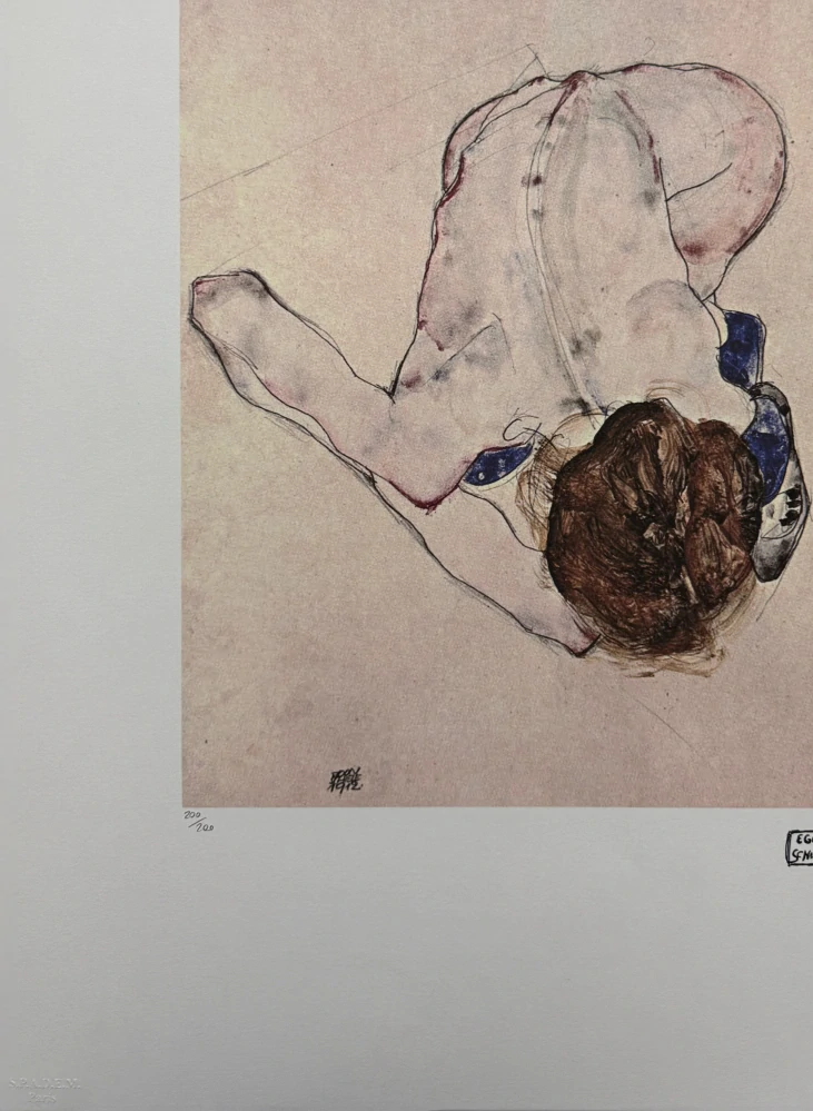 Egon Schiele - Reclining Female Nude with Blue Accents - x/200 - limitovaná edice, s certifikátem, 50x70 cm