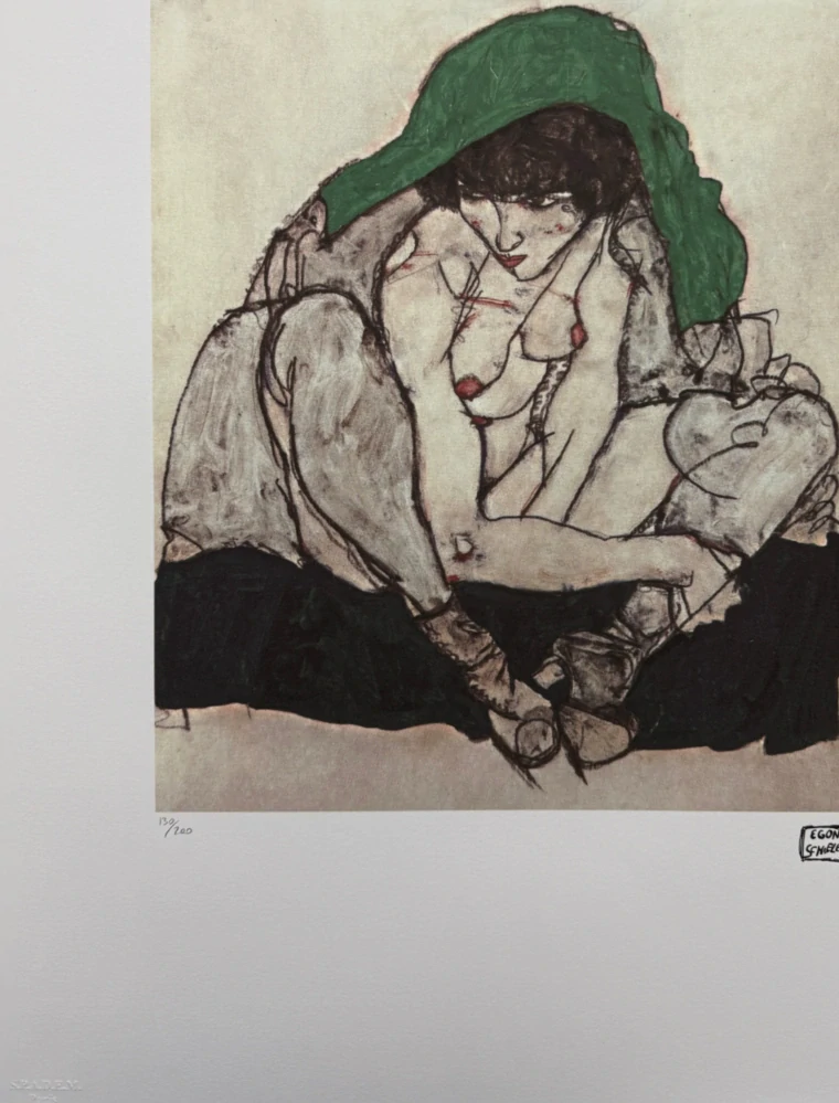 Egon Schiele - Crouching Female Nude with Green Drapery - x/200 - limitovaná edice, s certifikátem, 50x70 cm