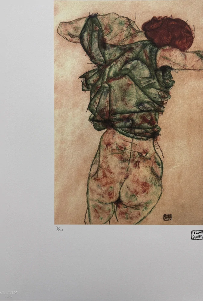 Egon Schiele - Standing Female Nude in Green Blouse Seen from Behind x/200 - limitovaná edice, s certifikátem, 50x70 cm