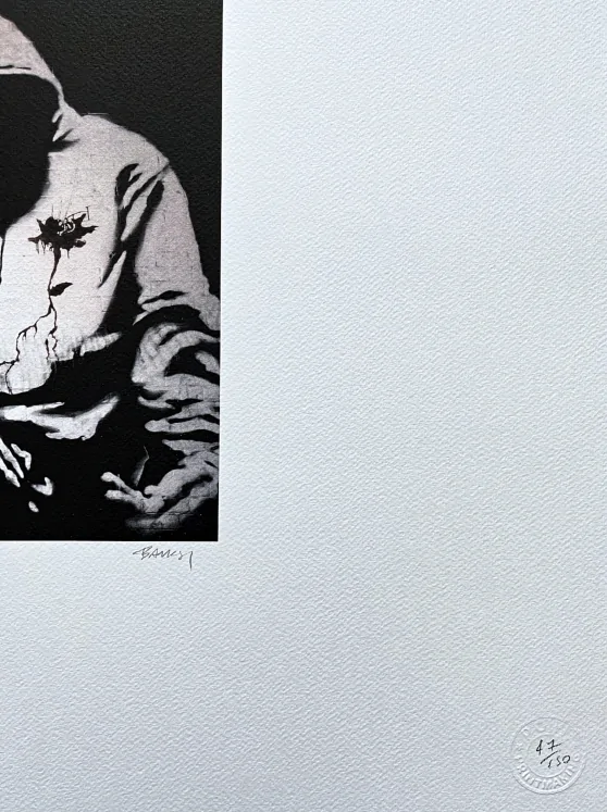 Banksy - Hooded man with knife 47/150 - číslovaná edice s certifikátem, 70x50cm