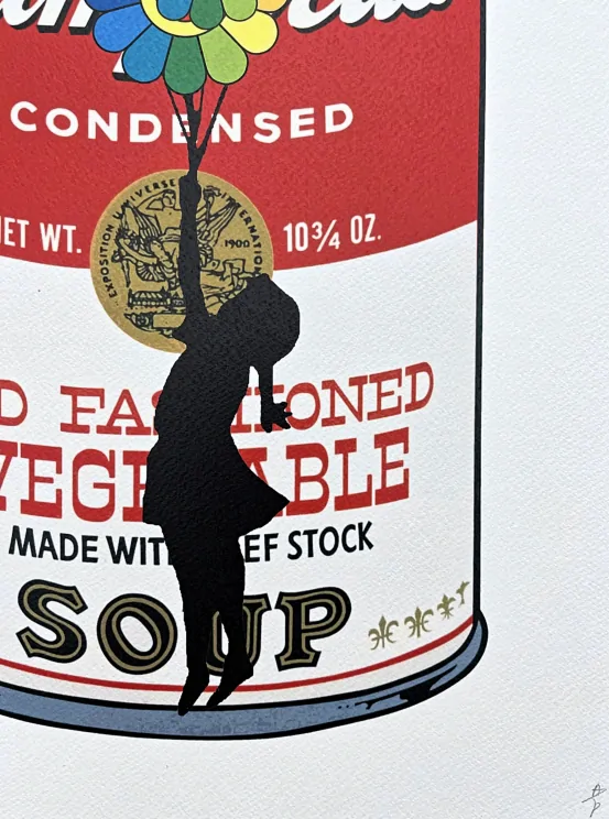 Death NYC - Banksy Flying baloon girl a campbell soup - limitovaná edice s certifikátem, 32x45cm