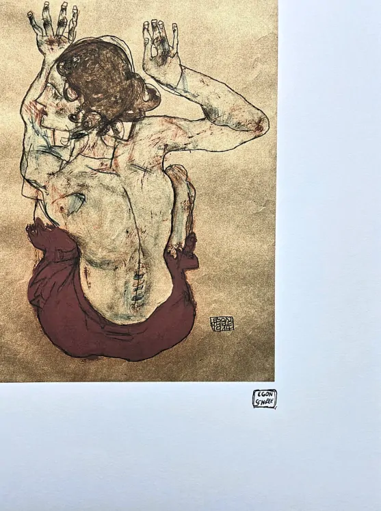 Egon Schiele - Sitting Woman act with red skirt 100/200 - limitovaná edice, s certifikátem, 50x70 cm