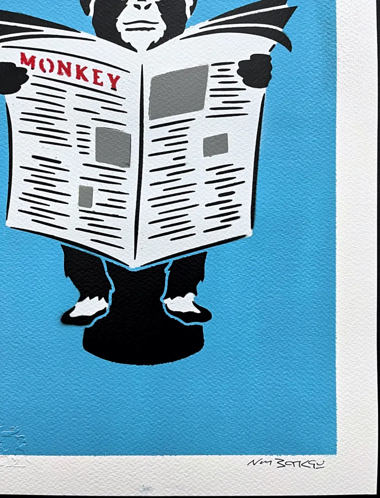 BANKSY/NOT BANKSY - Monkey Business  L-blue 2/5 - originální ručně stříkaný sprej na papíře