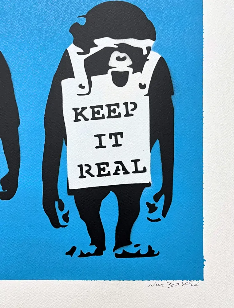BANKSY/NOT BANKSY - Keep it Real  blue 3/5 - originální ručně stříkaný sprej na papíře